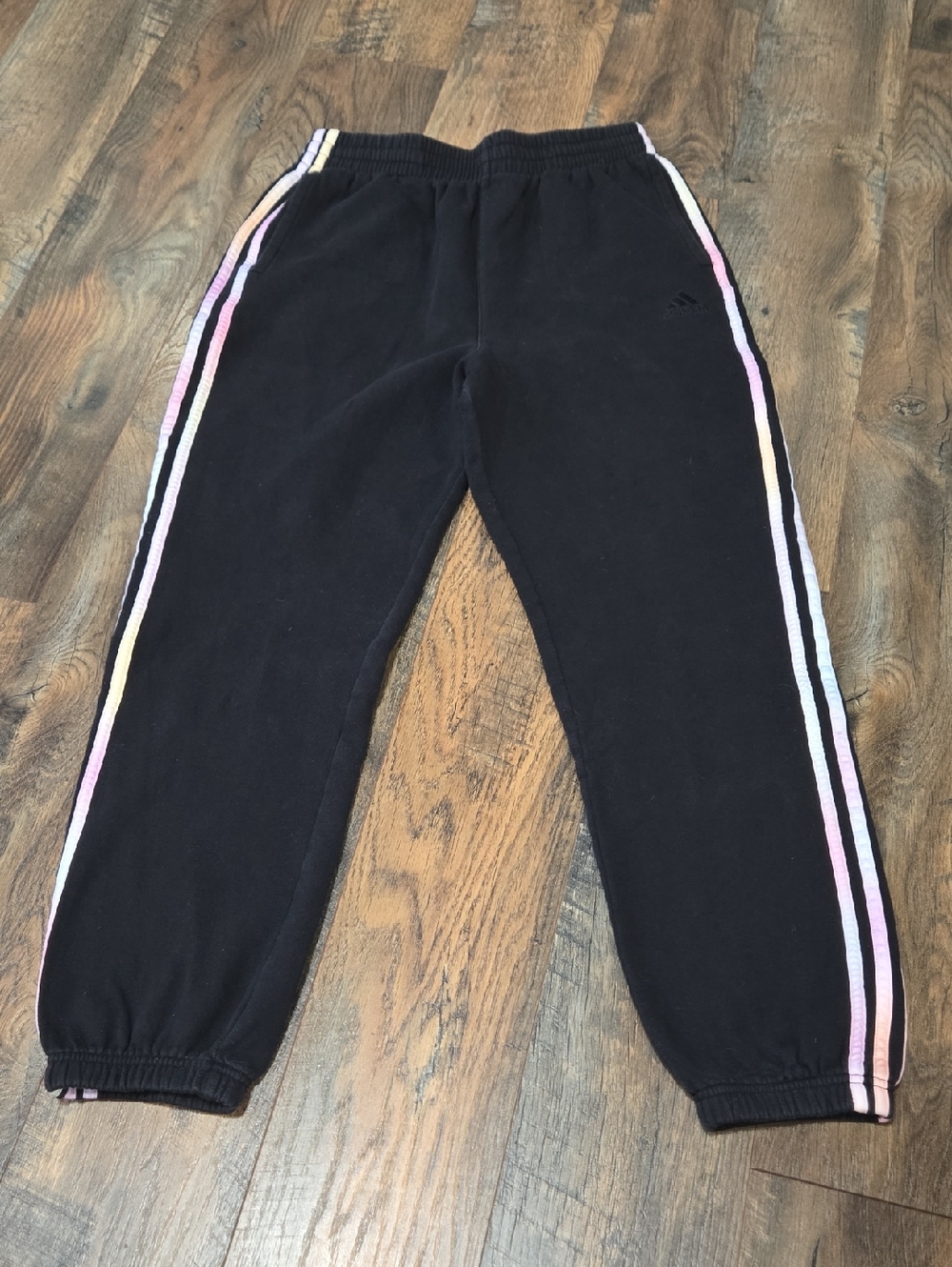 Adidas Juniors Black Joggers with Pastel Rainbow Side Stripes